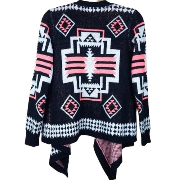 Pink Rose Aztec Black Asymmetrical Open Front Cardigan Women's Size S - Picture 2 of 5
